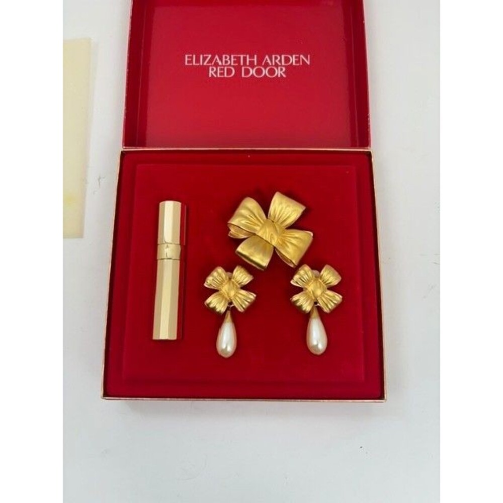 Vintage Elizabeth Arden Red Door Gift Set Perfume Mini Bow Brooch Earrings Set